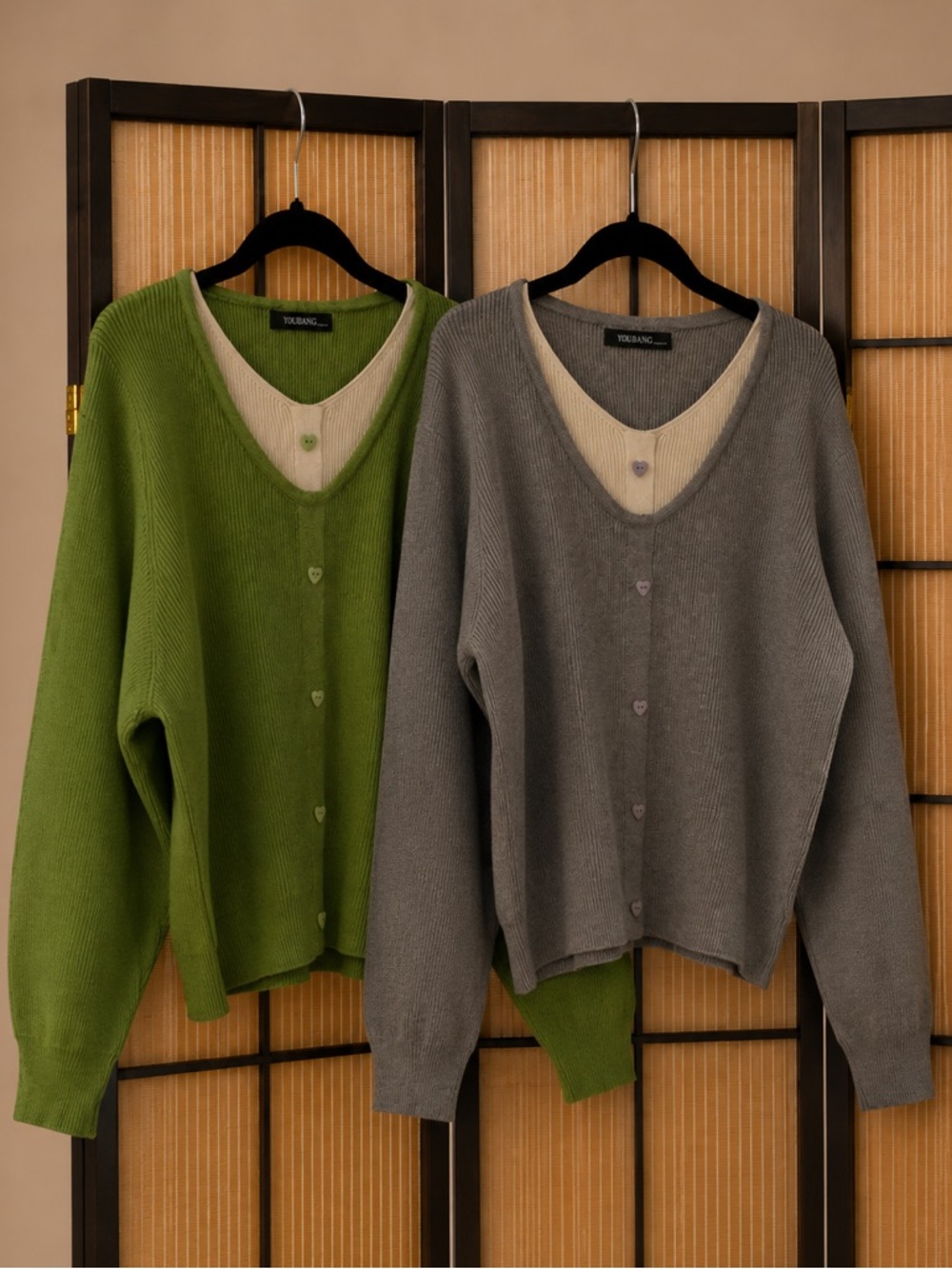 2-Piece Layered Knit Sweater Set Green & Grey